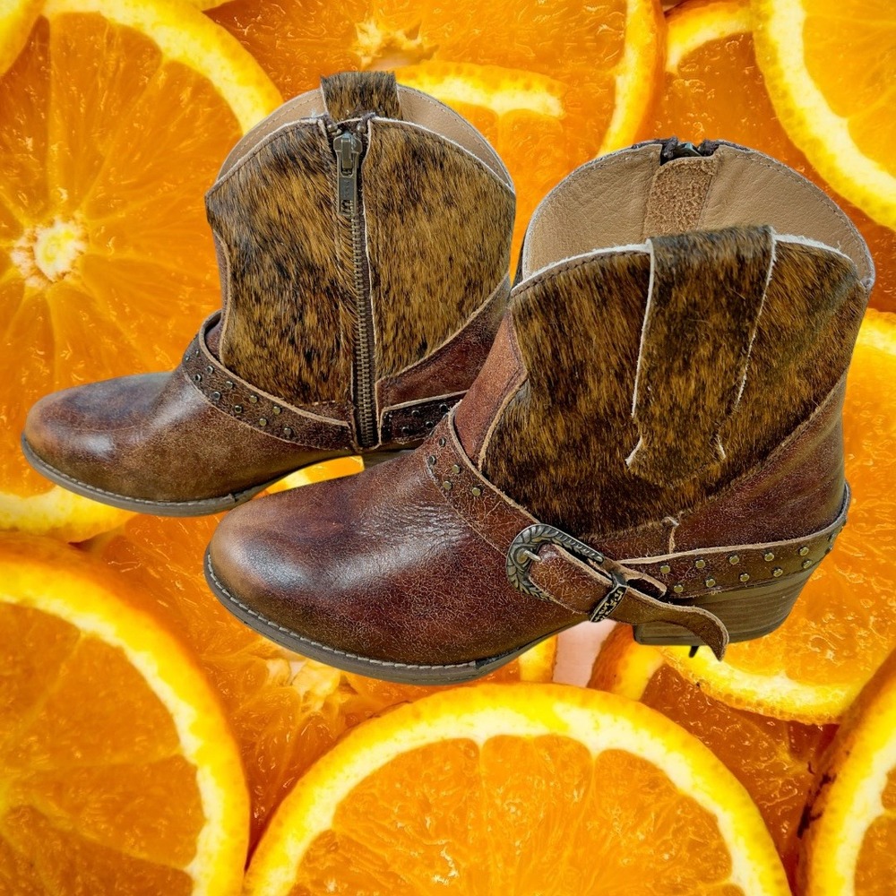 Sterling River Brown Leather Cowhide Hair On Hide Western Ankle Boots Women 10M
